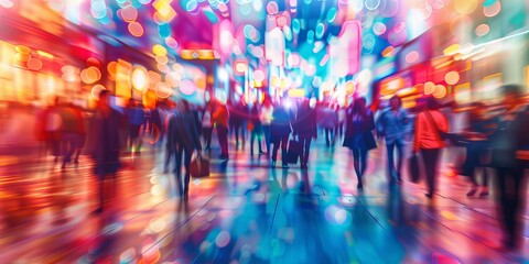 Fototapeta premium Abstract concept of a crowded business convention with blurred people and vibrant lights