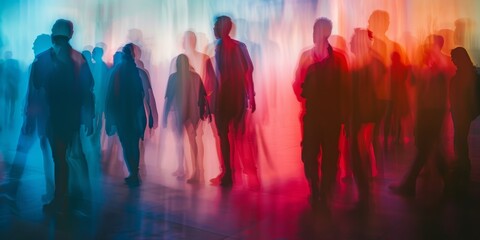 Blurry figures at an educational event with abstract background elements and soft, ambient lighting