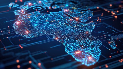 Digital map of Africa with interconnected glowing data points, symbolizing technological network