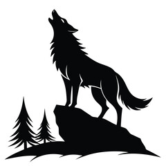 A wolf howling on a hilltop black and white silhouette
