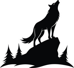 A wolf howling on a hilltop black and white silhouette
