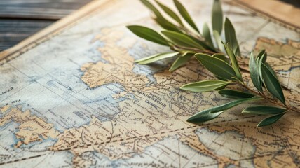 Detailed vintage map with olive branches resting on its surface
