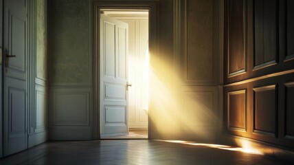 Sunlight streams through slightly open door into empty room with wooden paneling