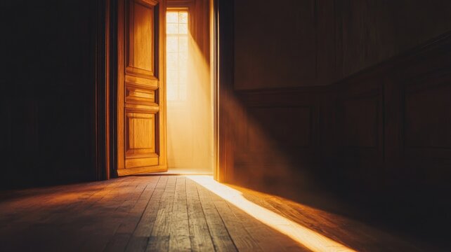 Sunlight streams through slightly open door in dimly lit room, casting shadows on wooden floor