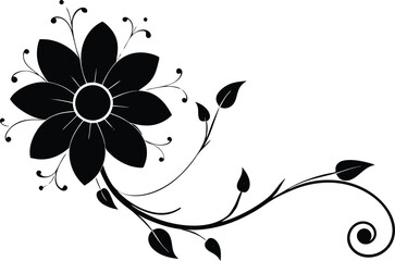 Stylized floral silhouette, with a large black flower and spiraling vines growing in the corner