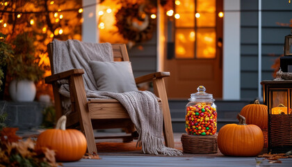 Obraz premium A modern veranda is decorated for Halloween with cozy elements and festive items.