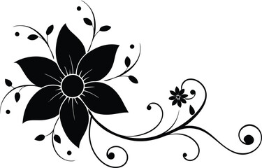 Stylized floral silhouette, with a large black flower and spiraling vines growing in the corner