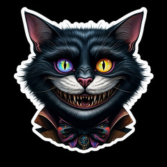Creepy grinning sophisticated sir Cheshire black cat with razor sharp teeth and rainbow heterochromia eyes - cutout sticker isolated on black background