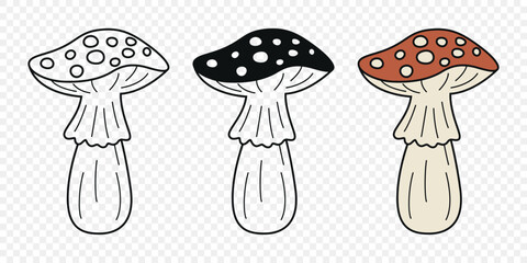 Flat Vector Hand Drawn Cartoon Fly Agaric Mushrooms Outline Illustration. Amanita Muscaria, Fly Agaric Illustration, Mushrooms. Magic Mushroom Icons, Design Template