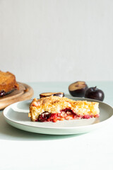 Homemade plum pie. Autumn plum pie. New York Times recipe plum cake. Top view