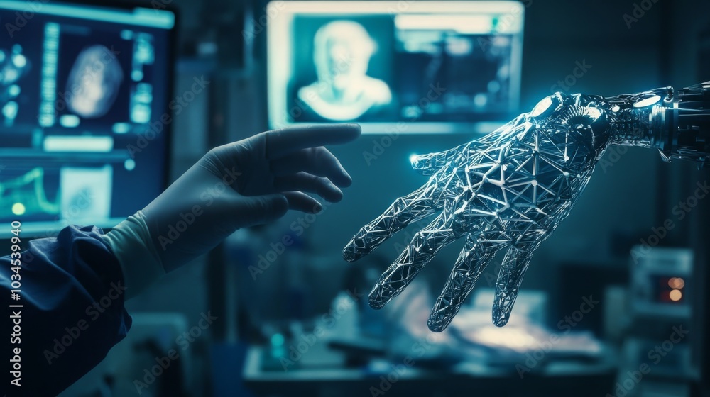 Poster A hand in a surgical glove approaches a robotic hand in a dimly lit lab, highlighting the intersection of human touch and advanced technology. Monitors display medical data in the background.