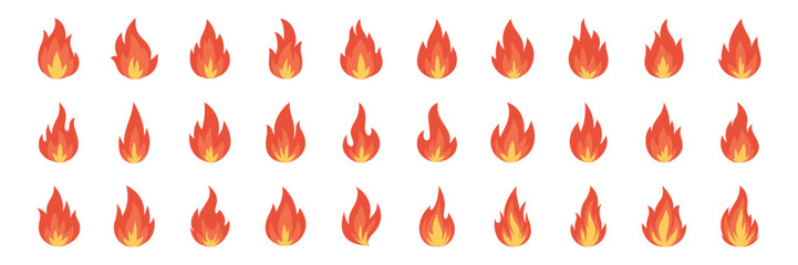 Vector Fire Flame Icon Set. Isolated Campfire, Bonfire, Flame Sign. Front View. Design Template for Outdoor, Camping, Emergency Graphics. Vector Illustration