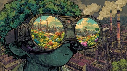 A cartoon tree in VR glasses reflects natures beauty against an industrial backdrop, highlighting nature vs industry, 
