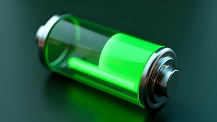 Battery Icon Charging A close-up, 3D rendering of a battery icon filling up with green energy, representing power storage and sustainable energy.