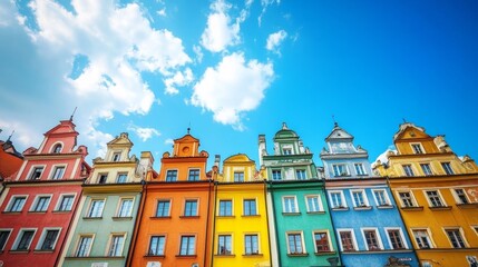 Fototapeta premium Medieval facades burst with color in Poznan's market square on a sunny day.