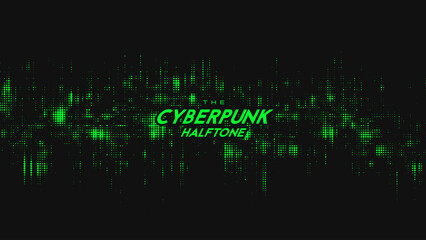 Abstract vector green cyberpunk halftone sound wave. Scrathed dotted texture element.