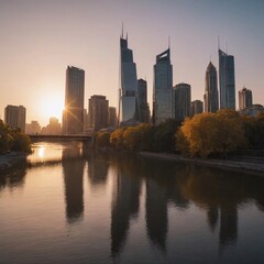 Obraz premium Vibrant Modern City Skyline at Sunset with Skyscrapers and River Reflection