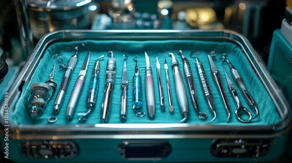 Aufkleber A collection of dental tools is displayed in a metal tray, featuring a variety of instruments, all arranged methodically on bright blue fabric in a clinical environment.