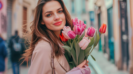 Young woman in the coat smiling with tulips on the street. March 8th.