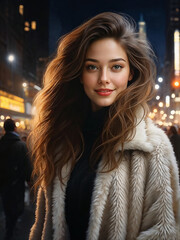 Portrait of a fashionable woman in the city with a coat, smiling and looking outdoors, showcasing beauty and lifestyle