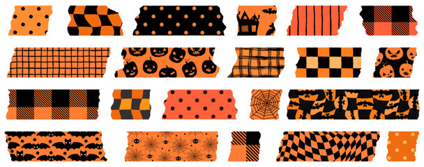 Cute Orange and Black Halloween Digital Vector Paper Masking Tape with Pumpkins, Bats and Plaid Patterns with Torn Edges © dollitude