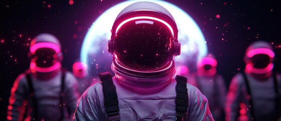 Fototapeta premium A group of futuristic astronauts with glowing helmets against a cosmic background.