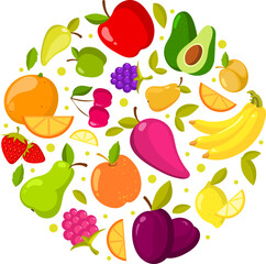 Fruit icons in round shape. Fresh organic food