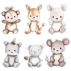 A picture of animals with a santa hat and a santa hat A pictures of christmas animals including Santa, Santa deer Santa hat and deer watercolor, Illustration, Background