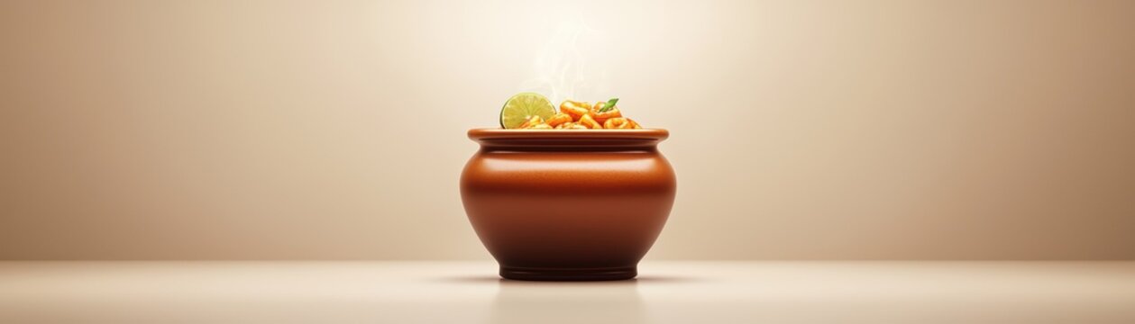A steaming brown pot filled with fresh ingredients, showcasing vibrant colors and a hint of lime.