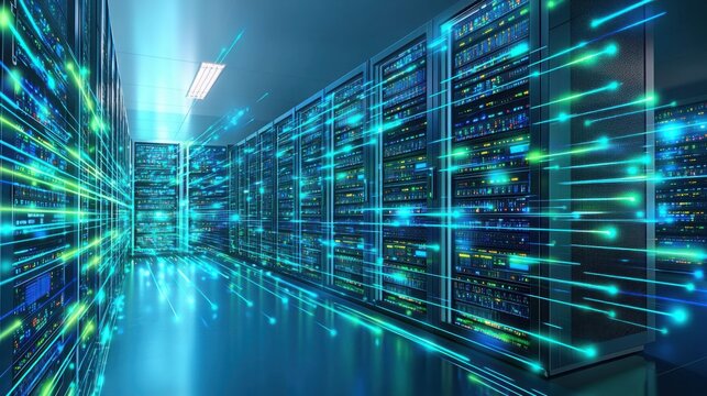 Futuristic data center with digital security grids surrounding a mainframe, illuminated with blue and green glowing lines for top-notch protection. 