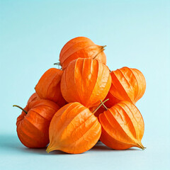 A close-up of Physalis peruviana fruits, also known as Peruvian ground cherries or golden berries. These vibrant fruits are a popular food ingredient with their vitamins and unique papery husks.