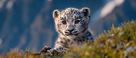 Obraz premium Adorable snow leopard cub resting in a natural habitat, showcasing its playful innocence and striking features.
