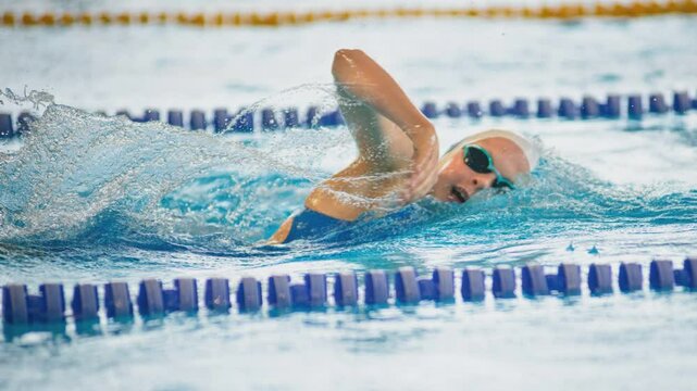Cinemagraph. Swimmer girl swims freestyle swimming style in the pool.