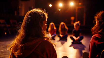 some young teen teenager actress and actors on a theatre rehearsal	
