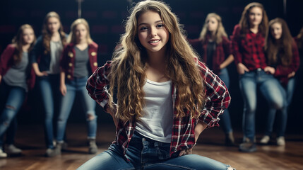 some young teen teenager actress and actors on a theatre rehearsal	
