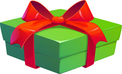 Cartoon Christmas and birthday holiday green gift box tied with a shiny red ribbon bow. Isolated vector present for festive occasions and celebrations. Vibrant square container for special events