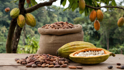 A bag of cacao beans is placed on a wooden table next to a half-eaten cacao pod. The beans are scattered around the pod, and the bag is filled with a variety of different beans