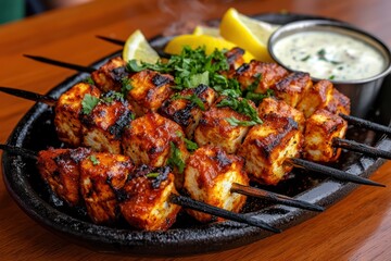 Fototapeta premium Delicious grilled kebabs served with lemon and sauce on a hot platter.