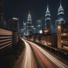 Obraz premium Futuristic Urban Cityscape at Night with Bright Skyscrapers and Digital Billboards