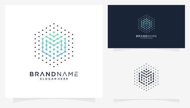 Vector letter M with dot connections in the form of a hexagonal cube icon symbols. Abstract unique monogram logo design inspiration. Gradient colors.