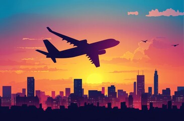 Fototapeta na wymiar illustration of an airplane flying over the city at sunset, simple background with building silhouettes, detailed silhouette Generative AI