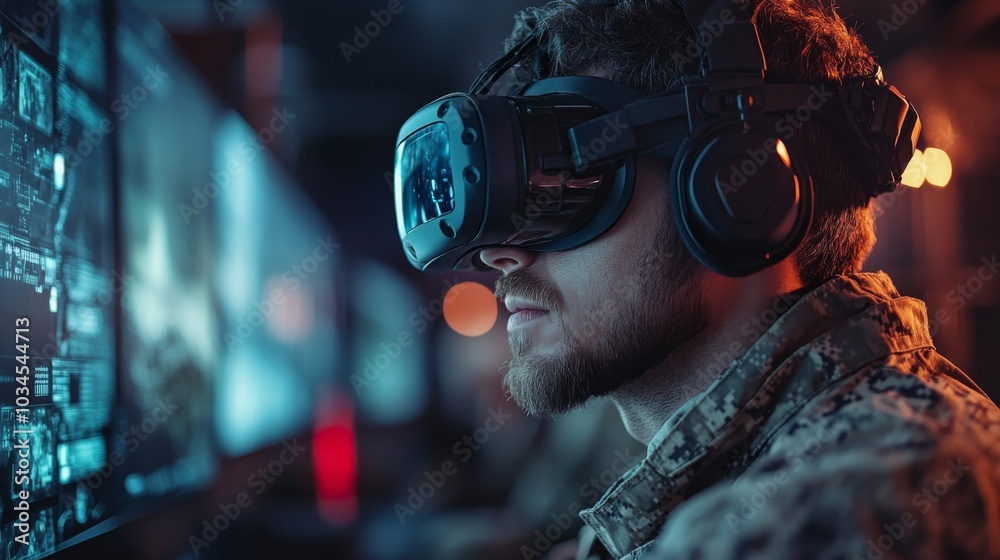 Fototapete a soldier engages in virtual reality training, wearing a headset and focused on multiple screens dis