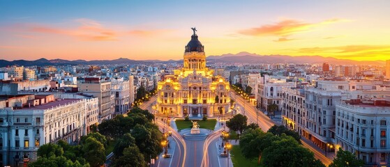 Obraz premium Stunning panoramic view of a historic building at sunset, showcasing urban architecture and vibrant sky.