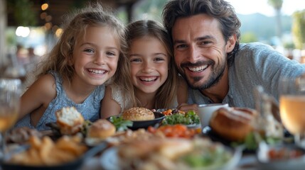 Fototapeta premium A father and his two daughters share smiles while gathered around a table filled with a variety of dishes, enjoying their time together. The warm atmosphere enhances their happiness.
