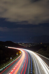 高速道路と車の光跡（大分県大分市）