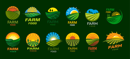 Agriculture farm food icons with green field, sun and sky. Vector rural landscape with crop plants and garden trees of organic farm badges set. Round and leaf shaped labels for farmer market eco food