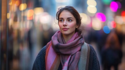 A young woman with long brown hair walks through a busy city street. She is wearing a blue sweater and a pink and brown scarf. Her face is illuminated by the colorful lights of the city.