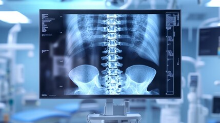 A detailed X-ray showing the human spine is prominently displayed on a monitor in a medical facility