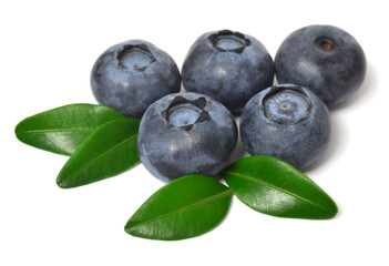 Blueberry macro with leaves isolated on white background