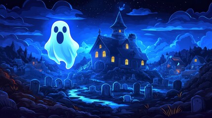 A chilling flat design of a haunted graveyard with a dark mansion under a moonlit sky